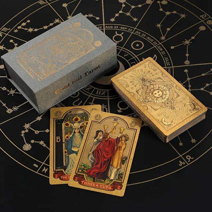 Luxury Gold Foil Tarot Card Set - Waterproof PVC Material with Detailed Guidebook, Gift Boxed