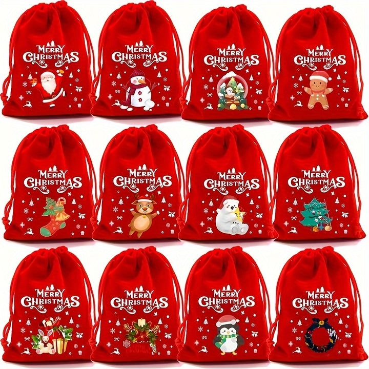 12 Christmas Velvet Gift Bags | Red Drawstring Goodie Bags with Festive Designs | New