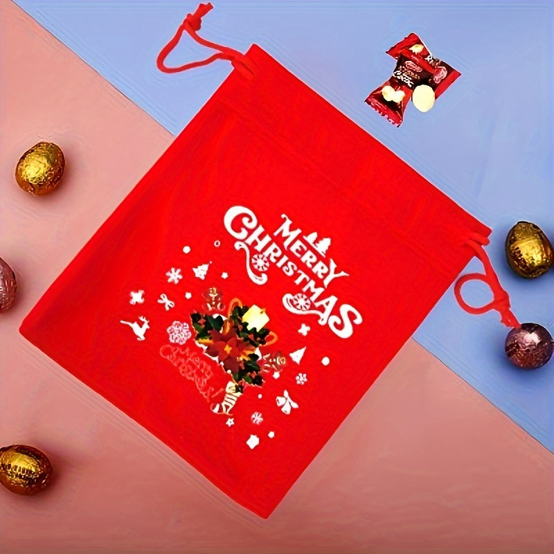 12 Christmas Velvet Gift Bags | Red Drawstring Goodie Bags with Festive Designs | New