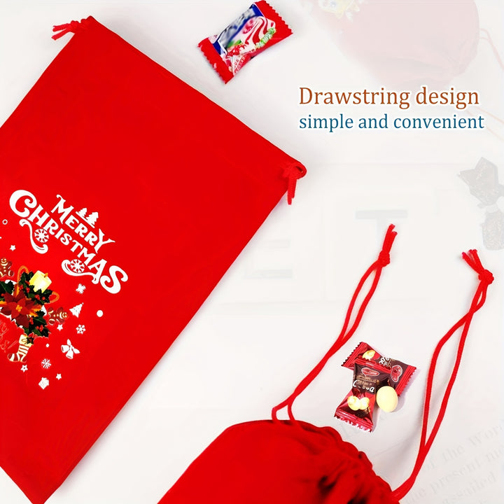 12 Christmas Velvet Gift Bags | Red Drawstring Goodie Bags with Festive Designs | New