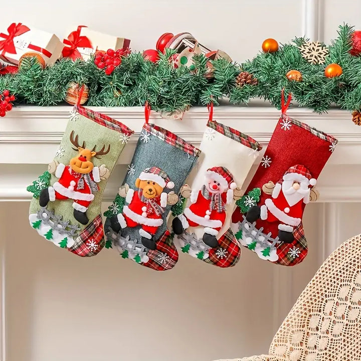 🎄 4 Pcs Christmas Stockings Set - 3D Santa, Snowman, Reindeer, Bear - 12" Burlap Xmas Decor 🎄