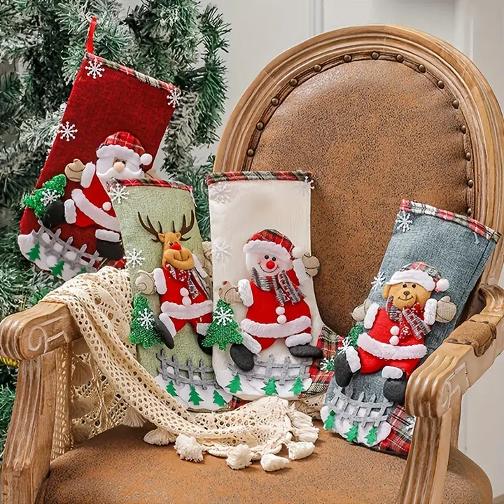 🎄 4 Pcs Christmas Stockings Set - 3D Santa, Snowman, Reindeer, Bear - 12" Burlap Xmas Decor 🎄