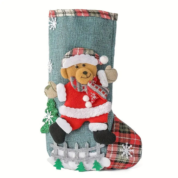 🎄 4 Pcs Christmas Stockings Set - 3D Santa, Snowman, Reindeer, Bear - 12" Burlap Xmas Decor 🎄