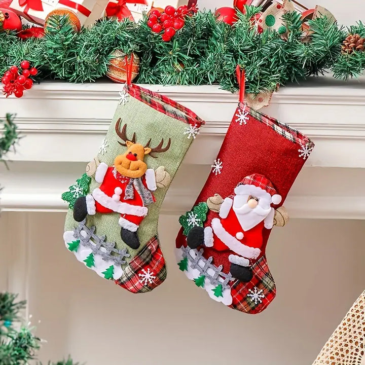 🎄 4 Pcs Christmas Stockings Set - 3D Santa, Snowman, Reindeer, Bear - 12" Burlap Xmas Decor 🎄