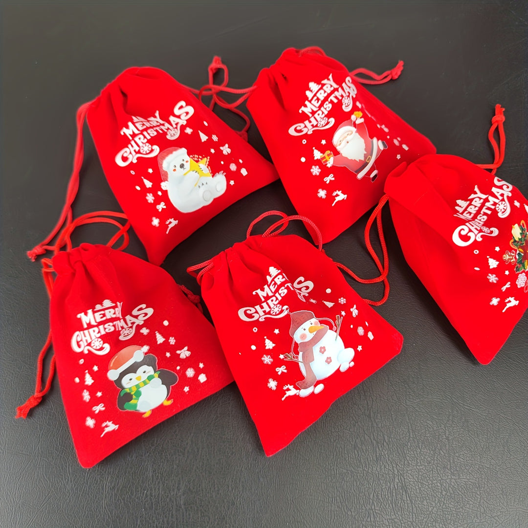 12 Christmas Velvet Gift Bags | Red Drawstring Goodie Bags with Festive Designs | New