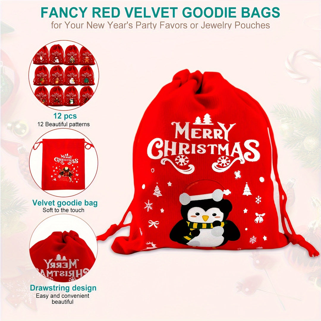 12 Christmas Velvet Gift Bags | Red Drawstring Goodie Bags with Festive Designs | New