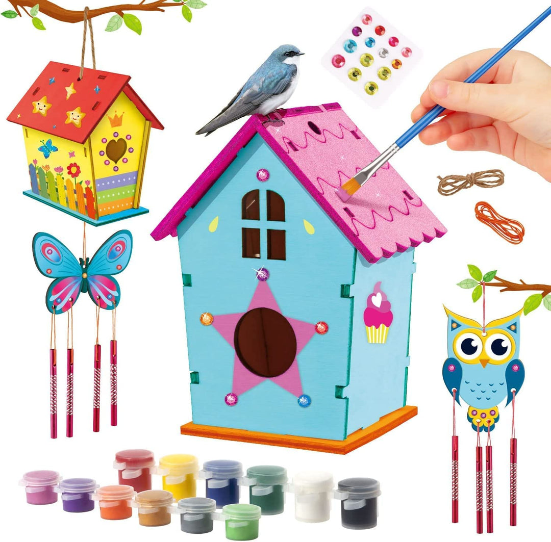 EDM250 - Kit DIY de casa para pájaros para que los niños construyan y pinten - Juego de 2 manualidades con campanillas de viento